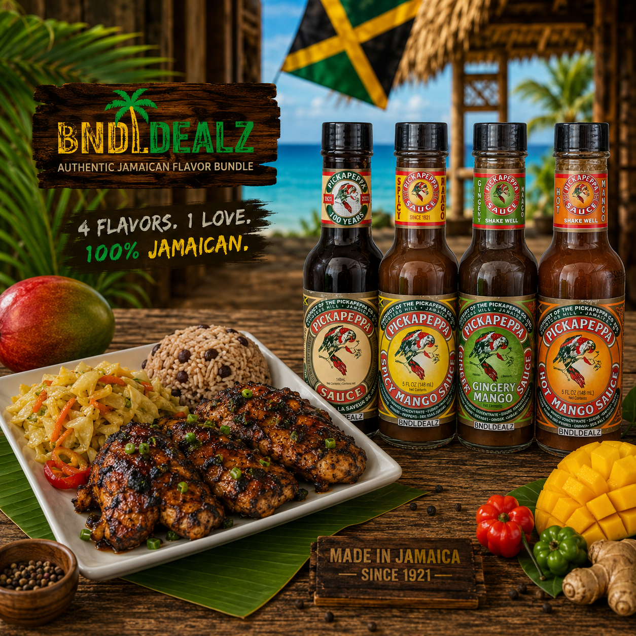 Pickapeppa Sauce Variety Pack with Original, Spicy Mango, Gingery Mango and Hot Mango sauces. Authentic Jamaican gourmet condiment for Caribbean cooking, BBQ, chicken, seafood, pork, burgers and marinades.