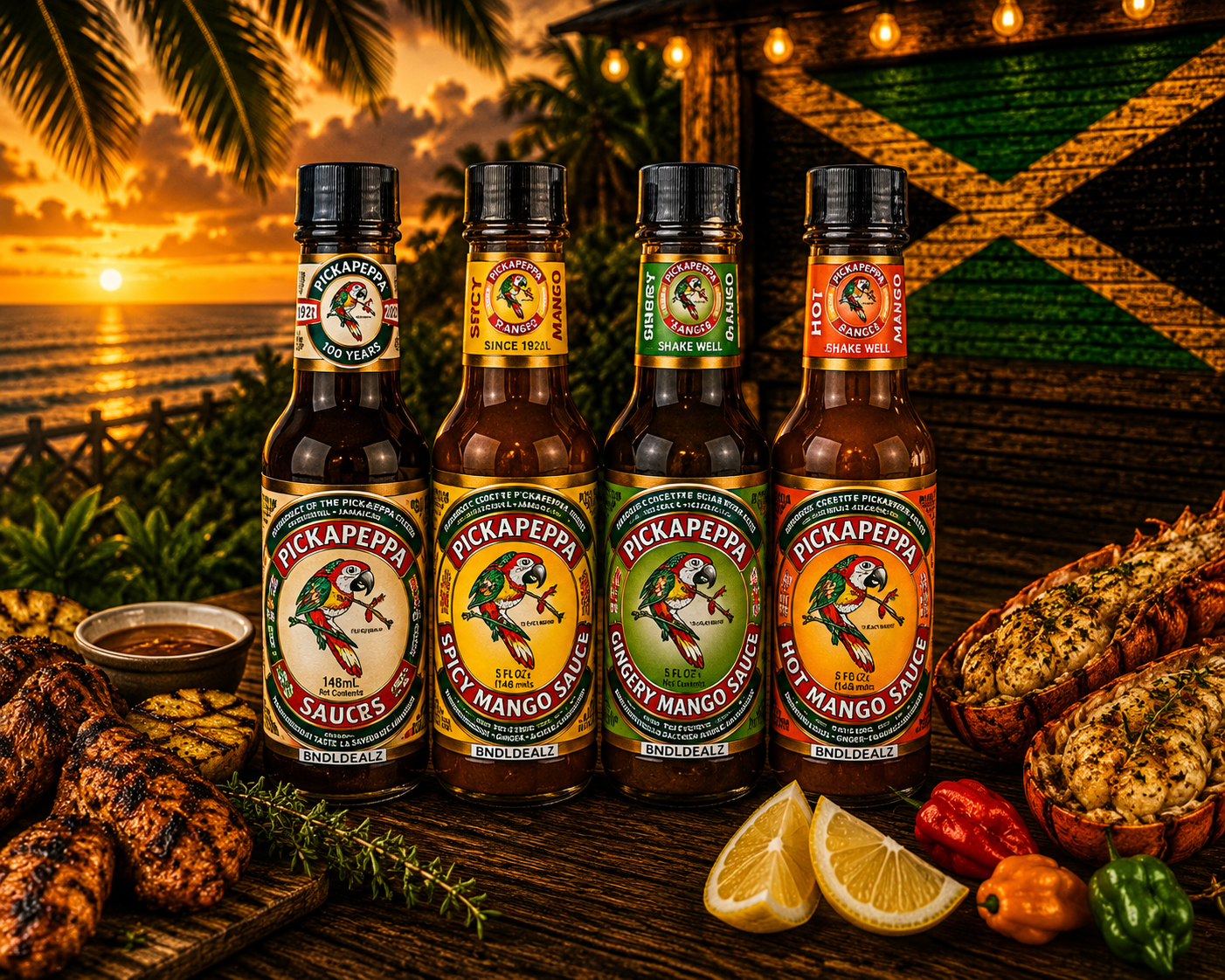 Pickapeppa Sauce Variety Pack served with authentic Jamaican jerk chicken. Gourmet Caribbean condiment for grilling, BBQ, marinades, seafood and pork.