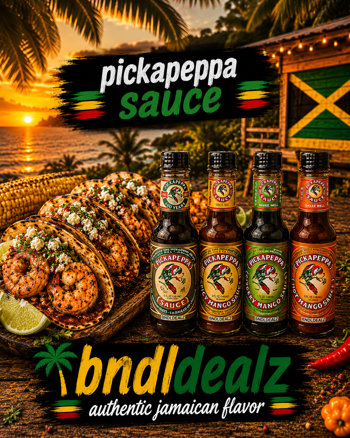 Pickapeppa Sauce Variety Pack with four authentic Jamaican flavors. Ideal for grilled shrimp, seafood, chicken, pork, burgers, marinades and dipping sauces.