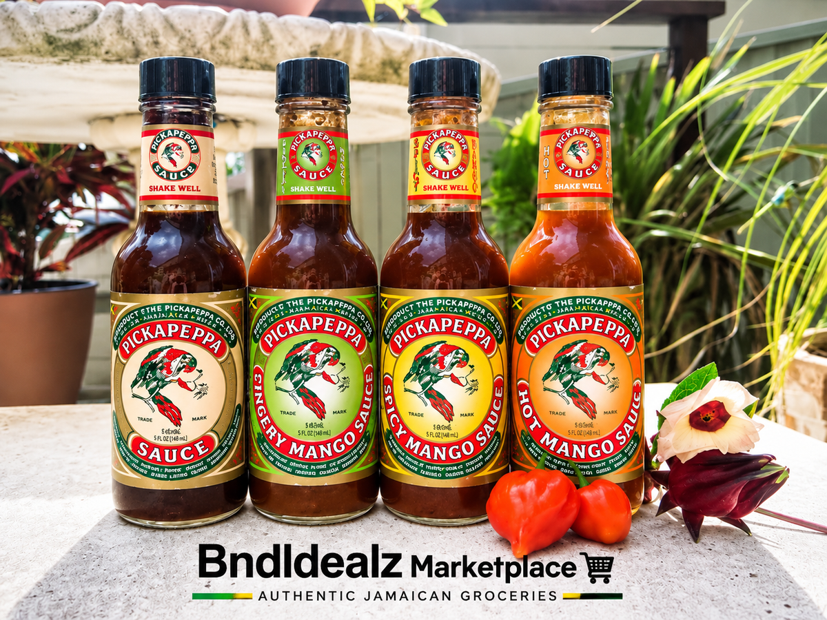 Pickapeppa Sauce variety pack with four authentic Jamaican sauce flavors displayed outdoors