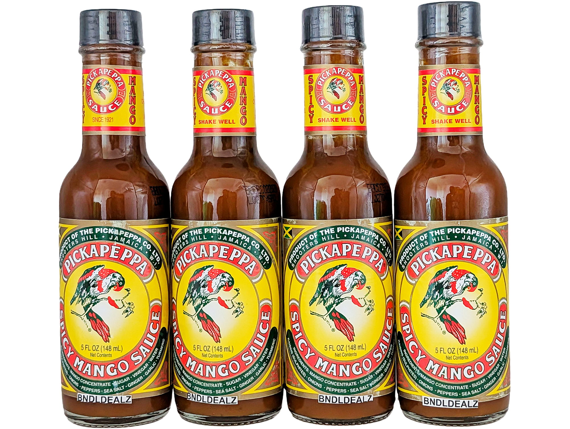 Pickapeppa Spicy Mango Sauce 4 Pack 5 fl oz bottles on white background, authentic Jamaican gourmet cooking sauce by BNDLDEALZ.