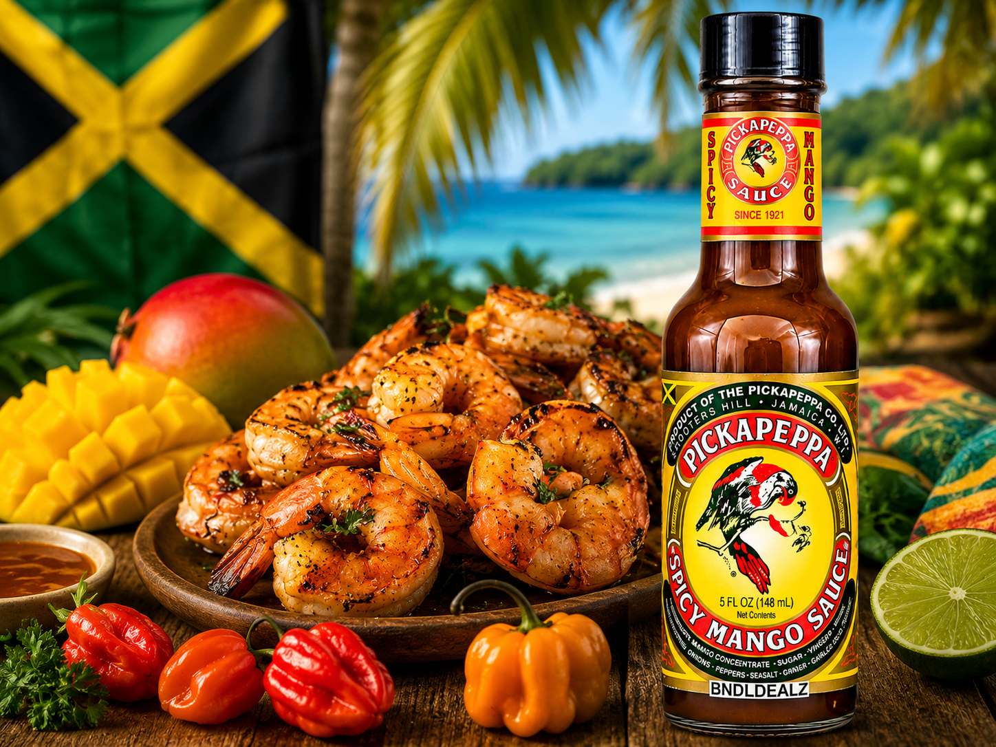 Grilled shrimp served with Pickapeppa Spicy Mango Sauce, authentic Jamaican mango cooking sauce for seafood, grilling, and dipping.