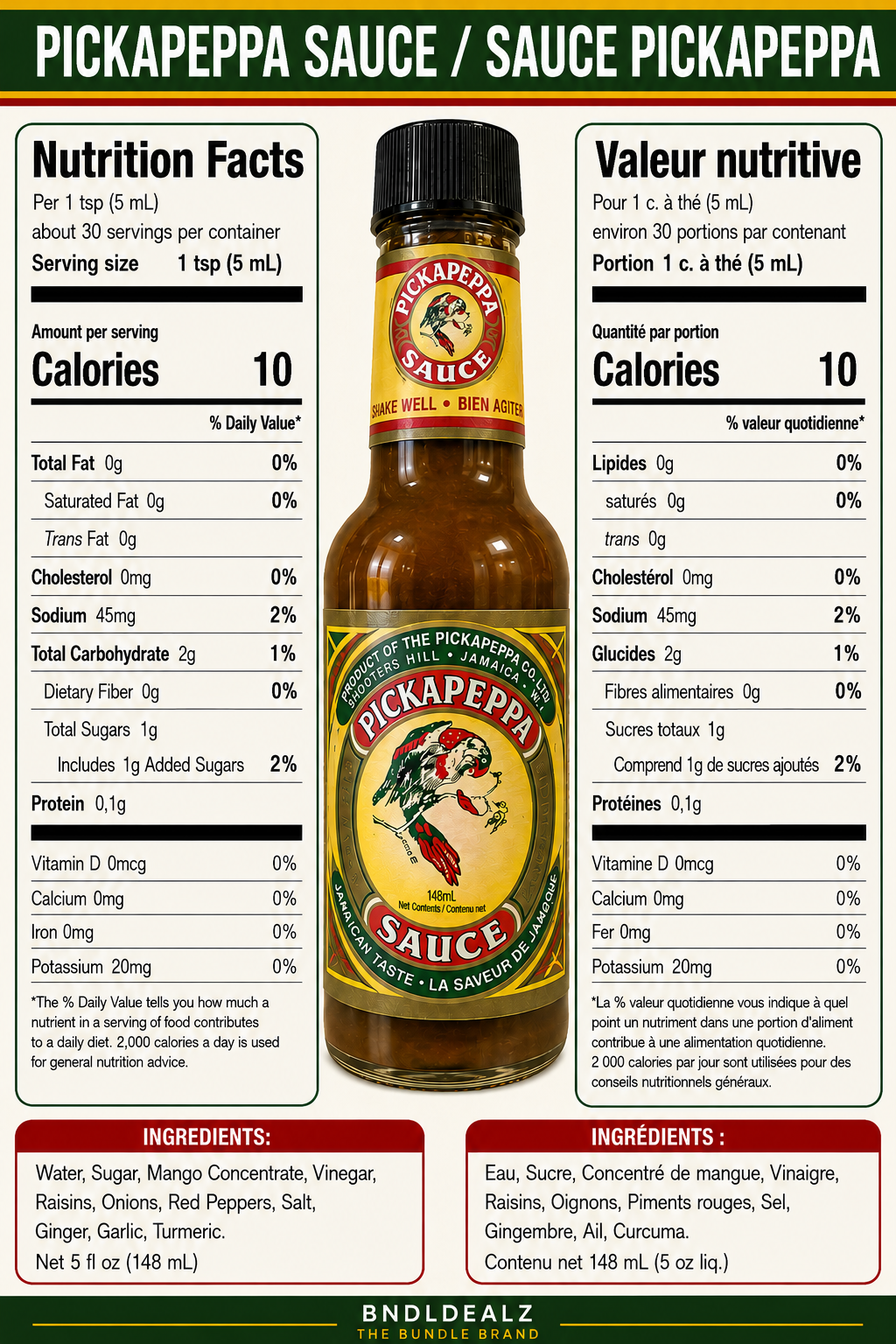 Pickapeppa Spicy Mango Sauce nutrition facts, ingredients, serving information, and bilingual English French label for authentic Jamaican gourmet sauce.