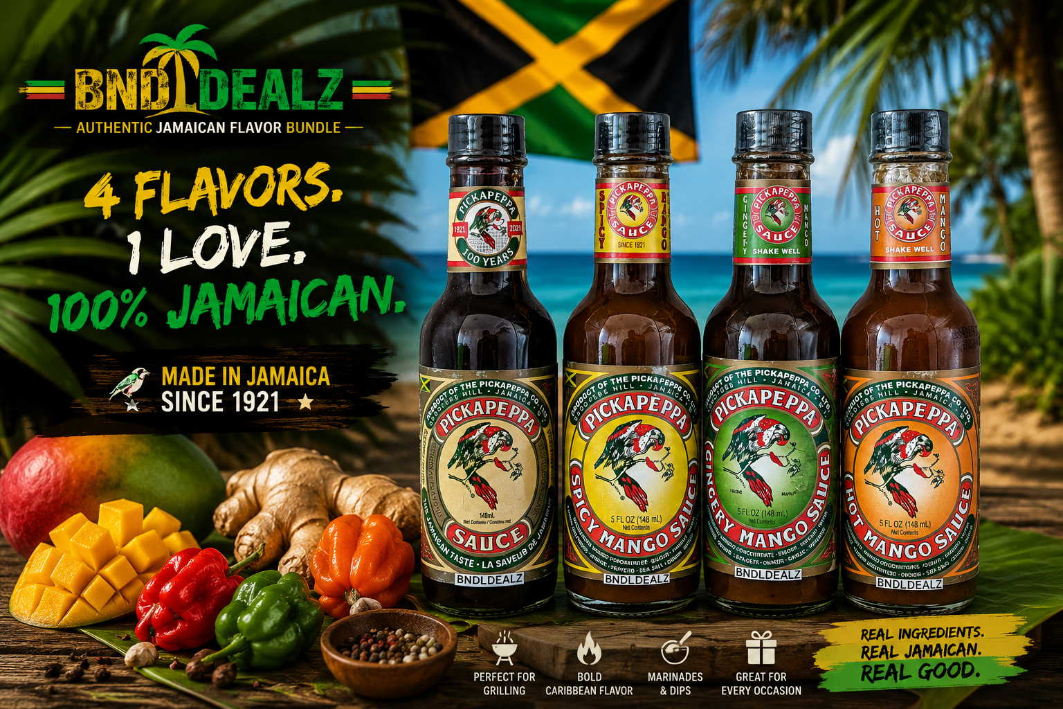 Pickapeppa Sauce Variety Pack featuring Original, Spicy Mango, Gingery Mango and Hot Mango. Authentic Jamaican sauces made in Jamaica for grilling, marinades and dipping.