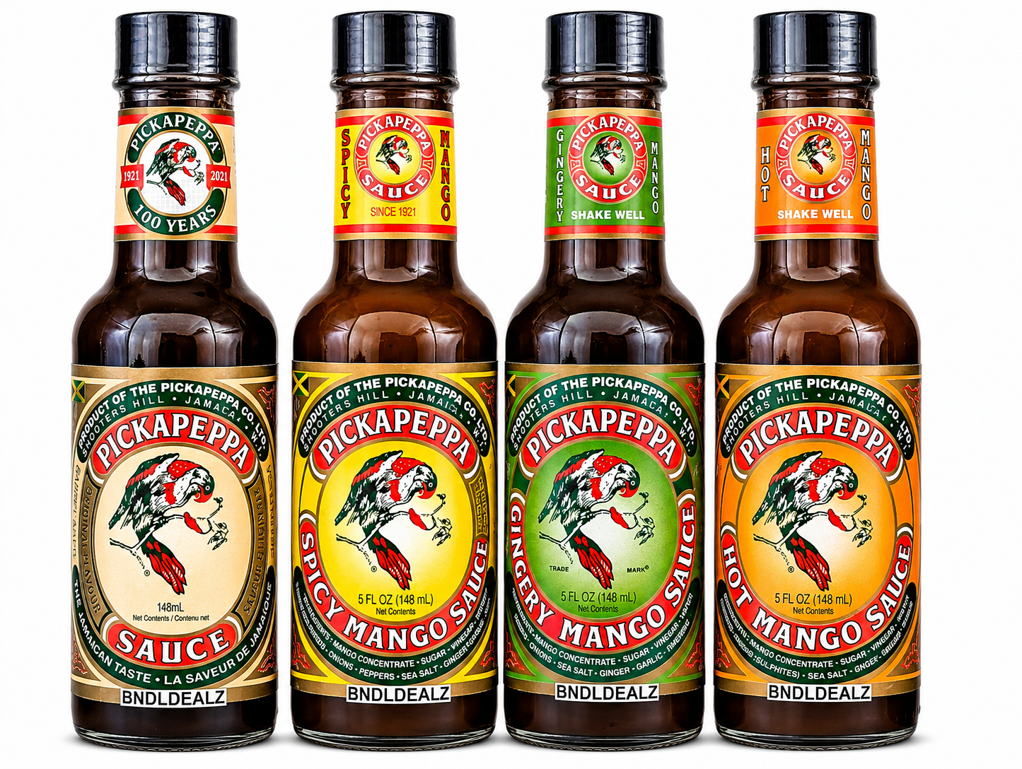 Pickapeppa Sauce Variety Pack featuring Original, Spicy Mango, Gingery Mango and Hot Mango sauces by BNDLDEALZ. Authentic Jamaican gourmet condiment for BBQ, grilled chicken, seafood, pork, marinades and dipping sauces.