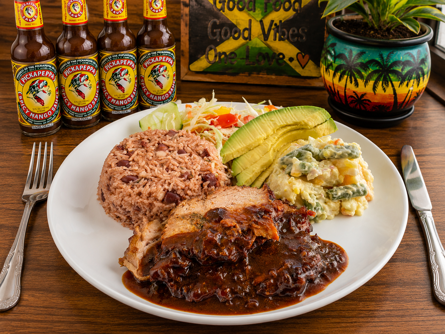 Caribbean meal featuring jerk chicken, rice and peas, avocado, potato salad, and Pickapeppa Spicy Mango Sauce for authentic Jamaican flavor.