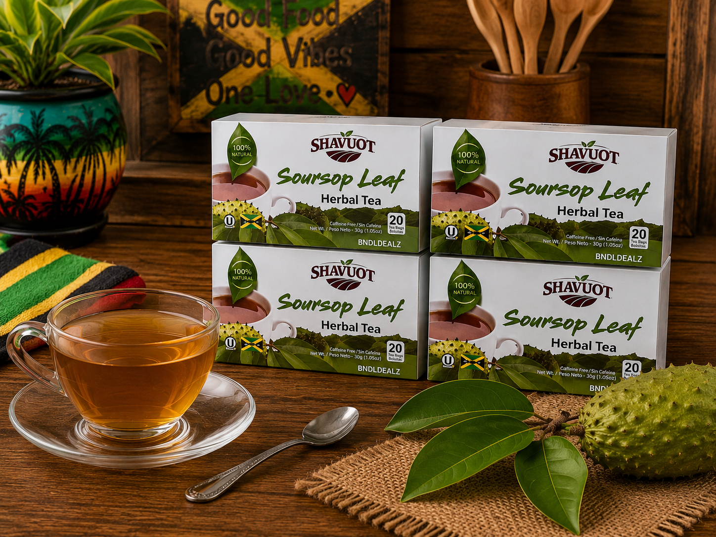 Shavuot Jamaican Soursop Leaf Herbal Tea 4 Pack featuring 80 caffeine-free tea