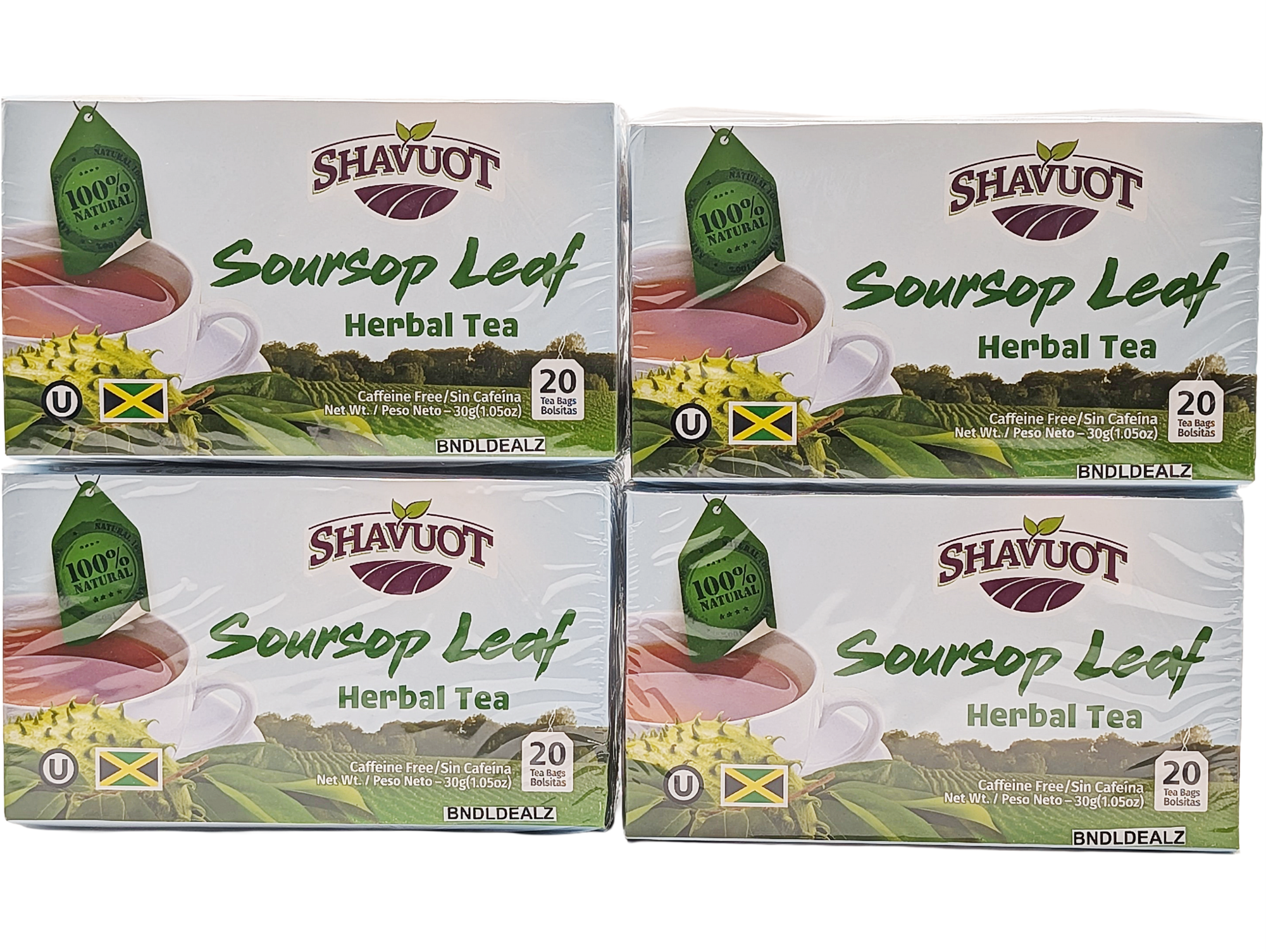 Shavuot Soursop Leaf Herbal Tea 4 Pack showing four boxes of authentic Jamaican caffeine-free herbal tea with 20 tea bags per box.
