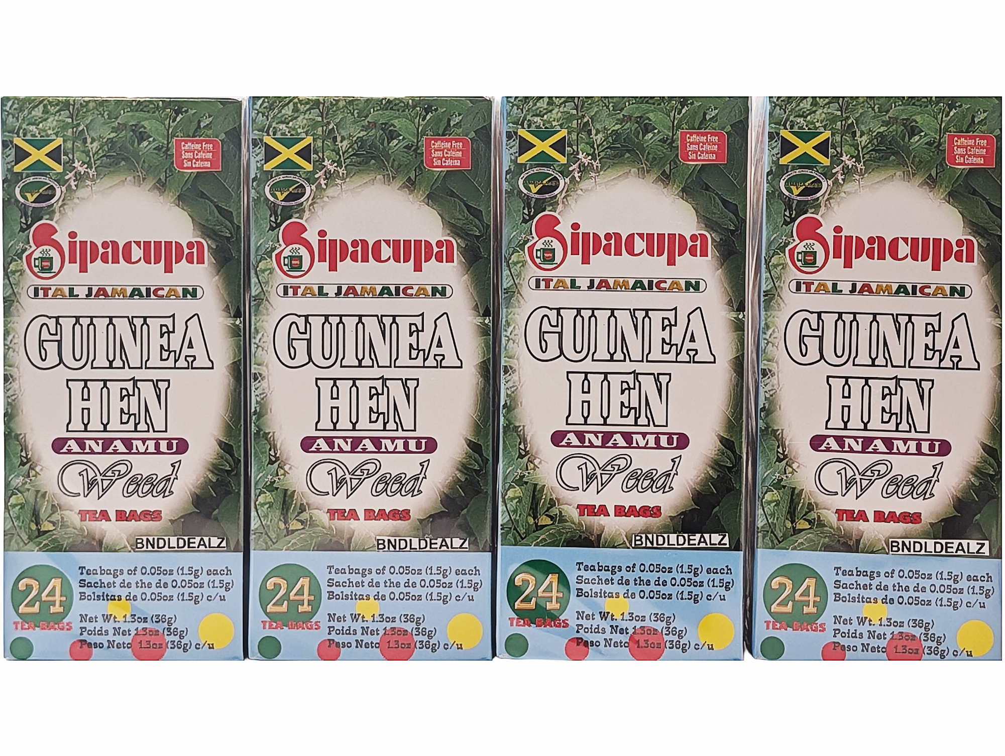 Sipacupa Guinea Hen Anamu Tea Bags 24 tea bags front of box, authentic Jamaican caffeine-free herbal tea, BNDLDEALZ 4 pack.