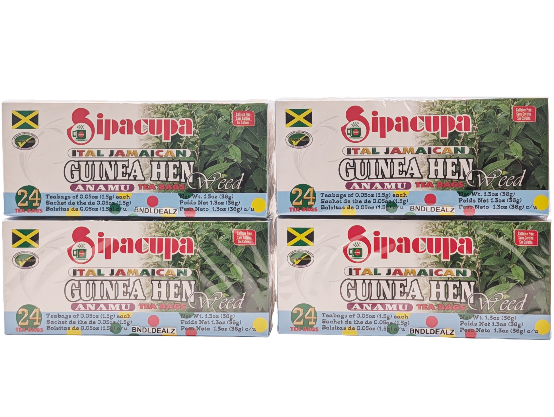 Sipacupa Guinea Hen Anamu Tea 4 pack bundle with 96 caffeine-free herbal tea bags, authentic Jamaican herbal tea professionally bundled by BNDLDEALZ.