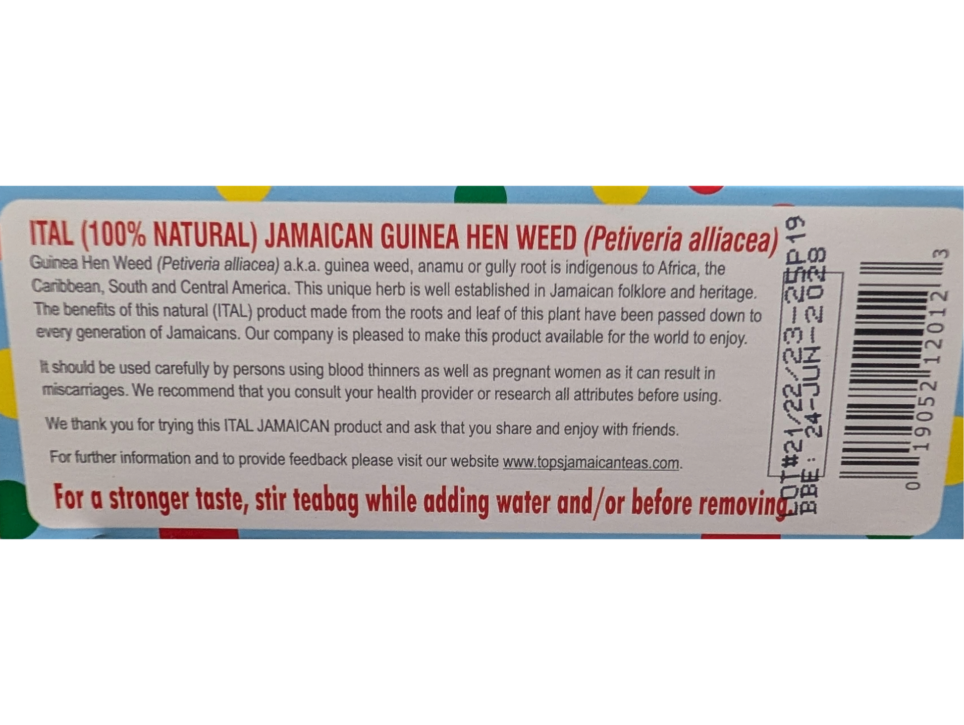 Back of Sipacupa Guinea Hen Anamu Tea box showing product information, brewing directions, ingredients, and authentic Jamaican herbal tea details.
