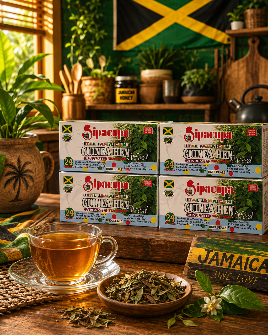 Sipacupa Guinea Hen Anamu Tea 4 pack with brewed herbal tea in a rustic Jamaican kitchen, authentic caffeine-free herbal tea from Jamaica.