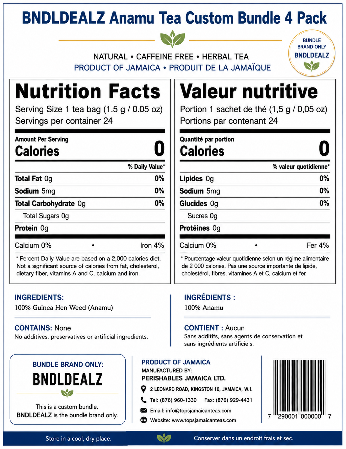 Sipacupa Guinea Hen Anamu Tea nutrition facts, ingredients, bilingual label, Product of Jamaica, BNDLDEALZ custom 4 pack herbal tea.