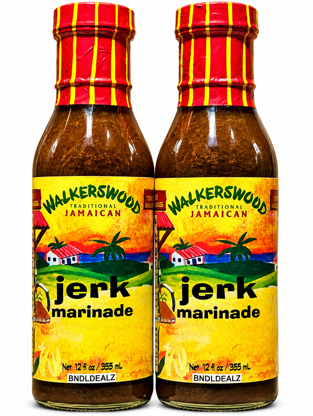 Walkerswood Jamaican Jerk Marinade 2 Pack by BNDLDEALZ featuring two 355mL bottles of authentic Jamaican jerk marinade for chicken, pork, beef, seafood, vegetables and BBQ recipes.