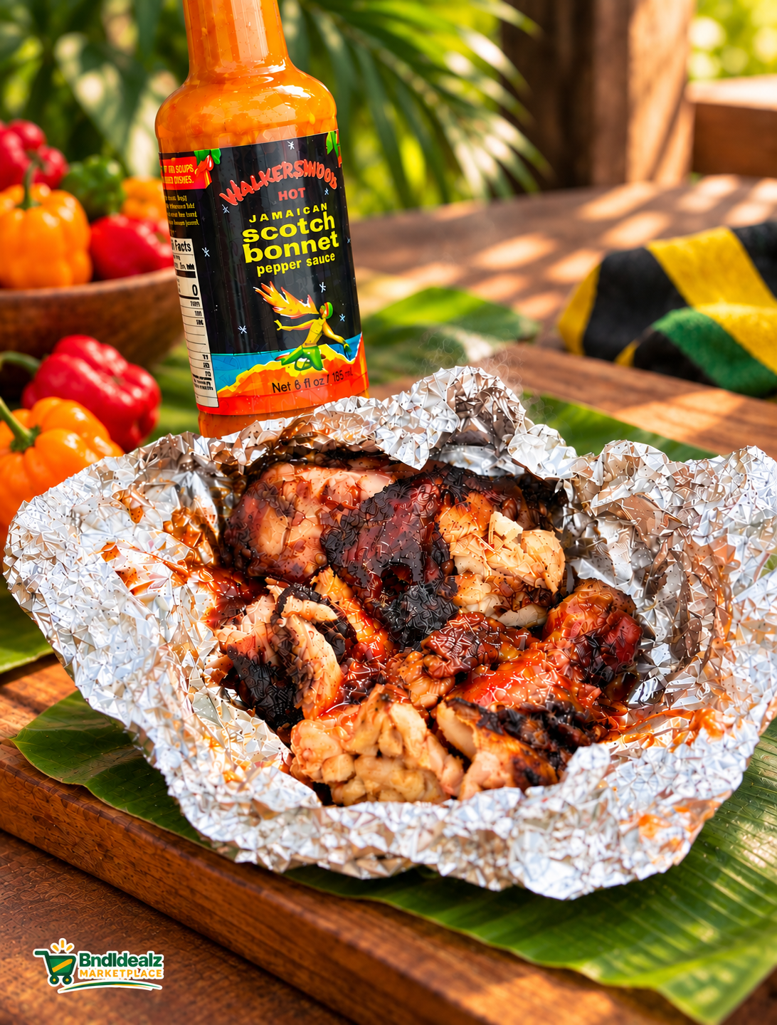 Walkerswood Jamaican Scotch Bonnet Pepper Sauce served with jerk chicken
