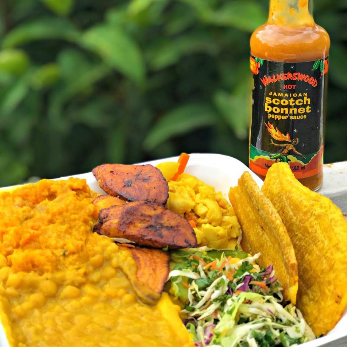 Walkerswood Jamaican Scotch Bonnet Pepper Sauce served with rice