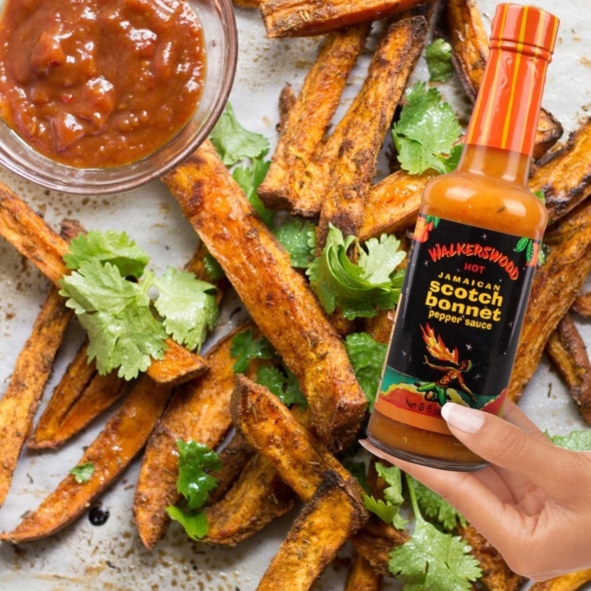 Walkerswood Scotch Bonnet Pepper Sauce served with grilled shrimp